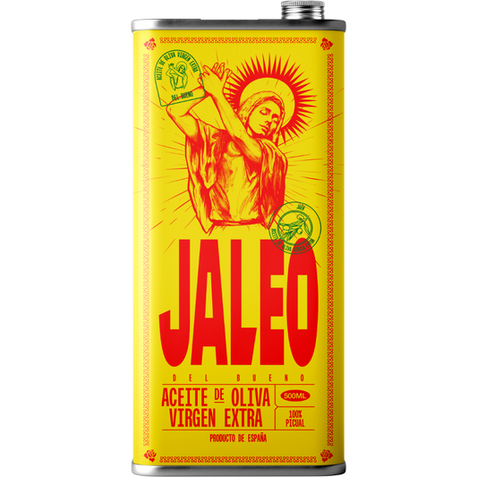Lata de Jaleo del bueno, aceite de oliva virgen extra, sobre fondo negro