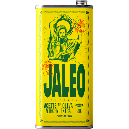 Lata de Jaleo Intenso, aceite de oliva virgen extra de cosecha temprana, sobre fondo negro